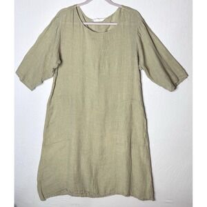 Luna Luz 100%‎ Linen Gauze Dress Sz L Green Lagenlook Pockets Boho Art Artsy